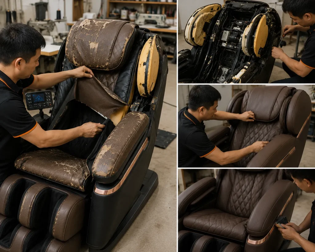 Đội ngũ kỹ thuật bọc lại ghế massage tại Xưởng Sofa 4 Mùa