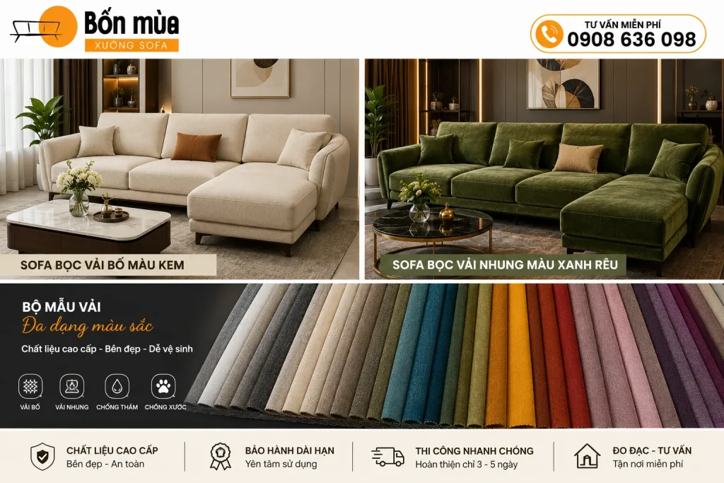 Sofa bọc vải mang lại cảm giác êm ái, đa dạng màu sắc và phù hợp với nhiều phong cách nội thất.