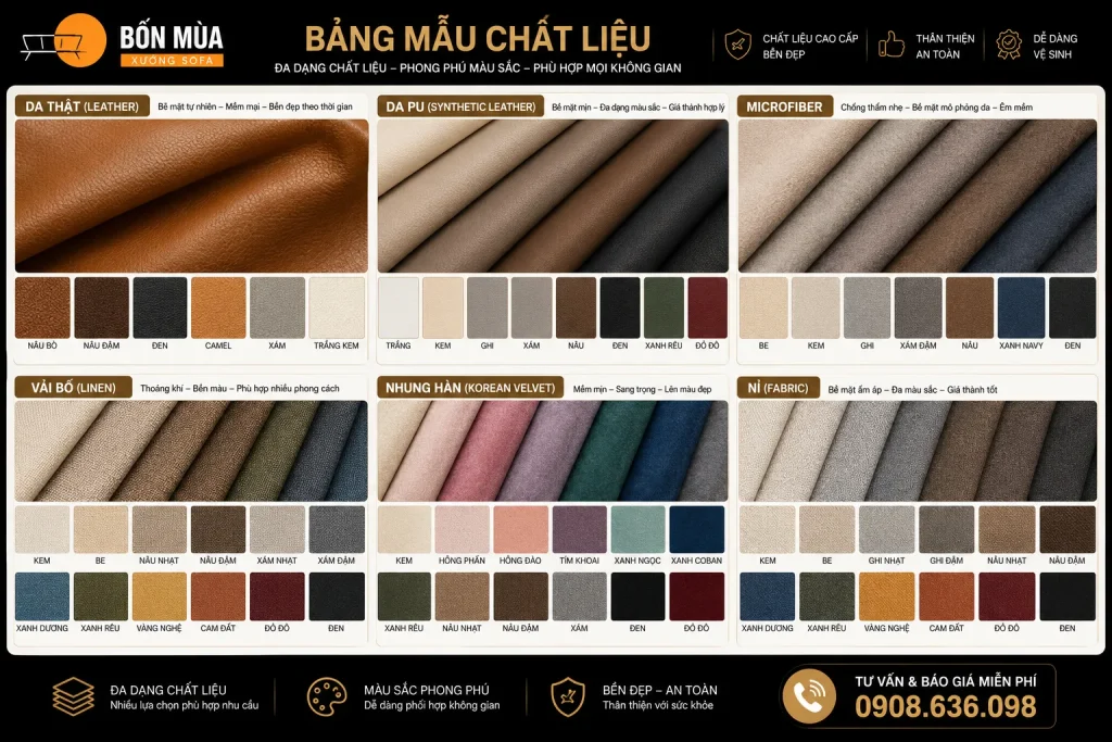 Vách Nệm Trang Trí Đẹp Theo Yêu Cầu – Thi Công Giá Tận Xưởng 7 Xưởng Sofa Bốn Mùa cung cấp đa dạng chất liệu và màu sắc để khách hàng lựa chọn theo nhu cầu.
