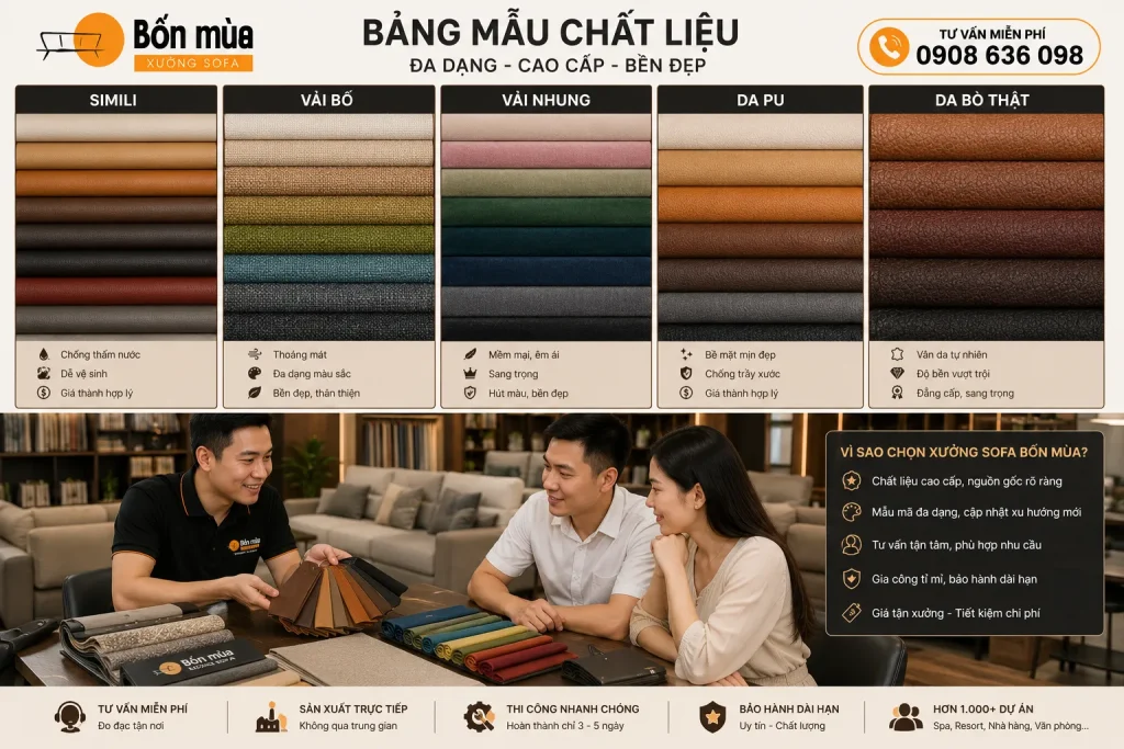 So sánh các chất liệu bọc sofa phổ biến để lựa chọn phù hợp với ngân sách.
