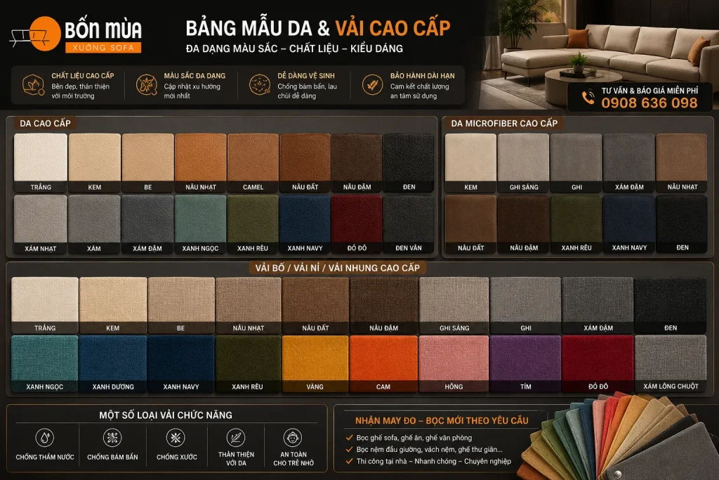 Bọc Lại Ghế Ăn 23 Xưởng Sofa Bốn Mùa cung cấp đa dạng mẫu da và vải bọc ghế ăn, đáp ứng mọi phong cách nội thất.