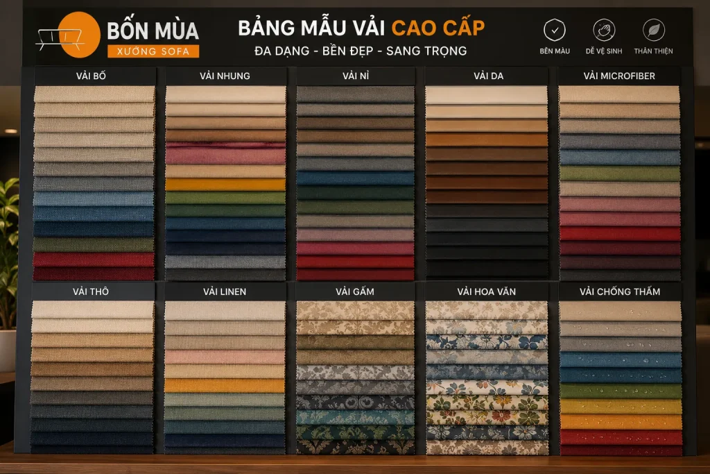 Bọc Ghế Sofa Vải 20 Đa dạng chất liệu và màu sắc vải bọc ghế sofa để khách hàng lựa chọn.