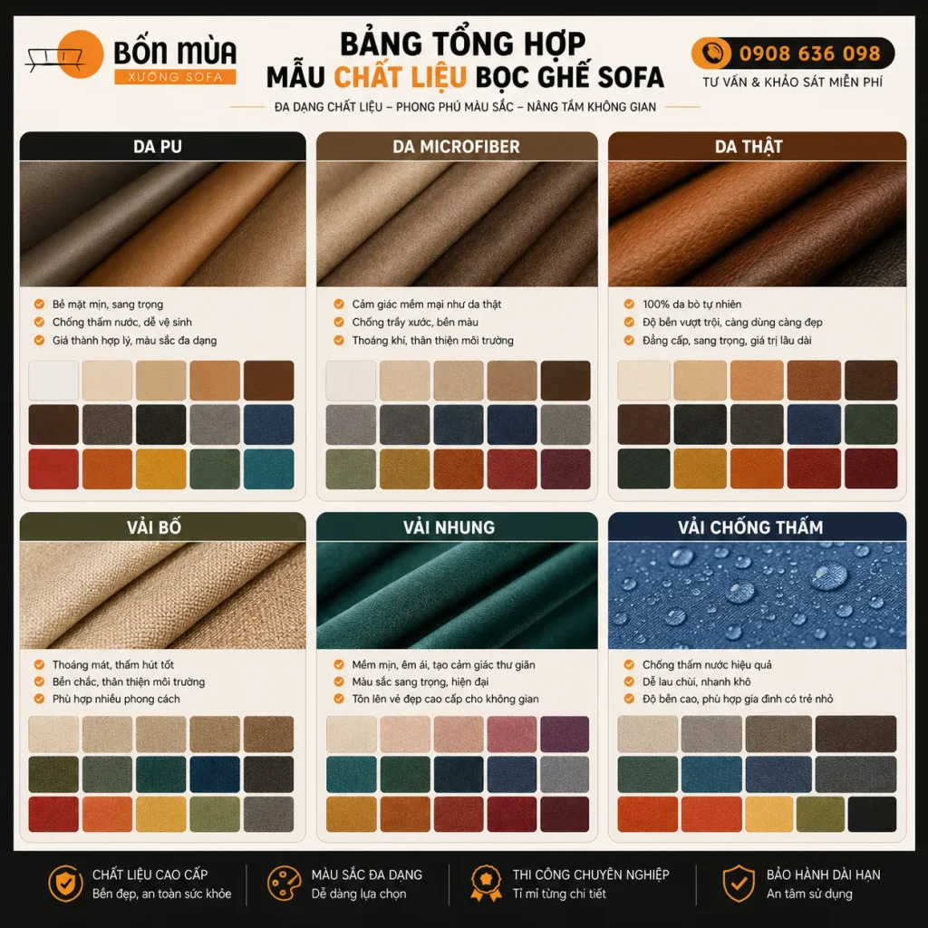 Xưởng Sofa Bốn Mùa cung cấp đa dạng chất liệu bọc ghế nhà hàng, phù hợp với nhiều phong cách nội thất.
