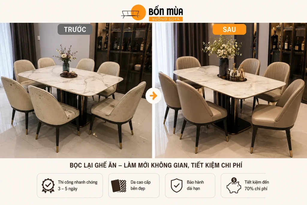 Bọc Lại Ghế Ăn 15 So sánh ghế ăn trước và sau khi bọc lại, mang đến diện mạo mới và sang trọng hơn.