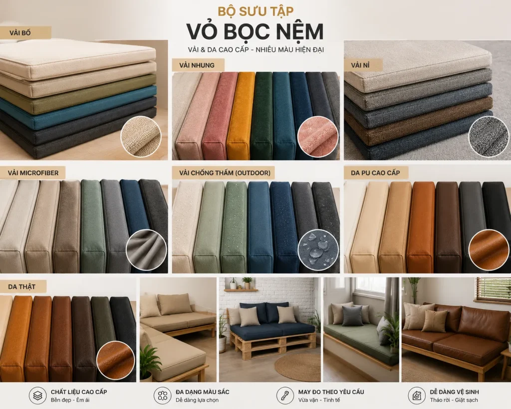 May Vỏ Bọc Nệm 24 Hàng trăm màu sắc may vỏ bọc nệm theo phong cách nội thất