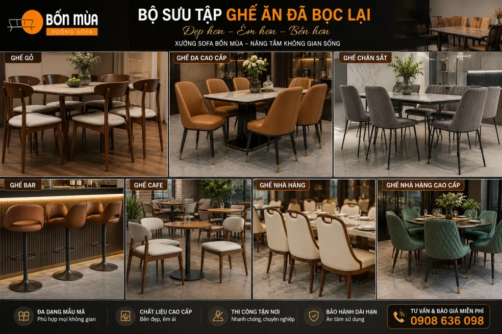 Bọc Lại Ghế Ăn 25 Xưởng Sofa Bốn Mùa nhận bọc lại đa dạng mẫu ghế ăn theo yêu cầu với nhiều kiểu dáng và chất liệu.