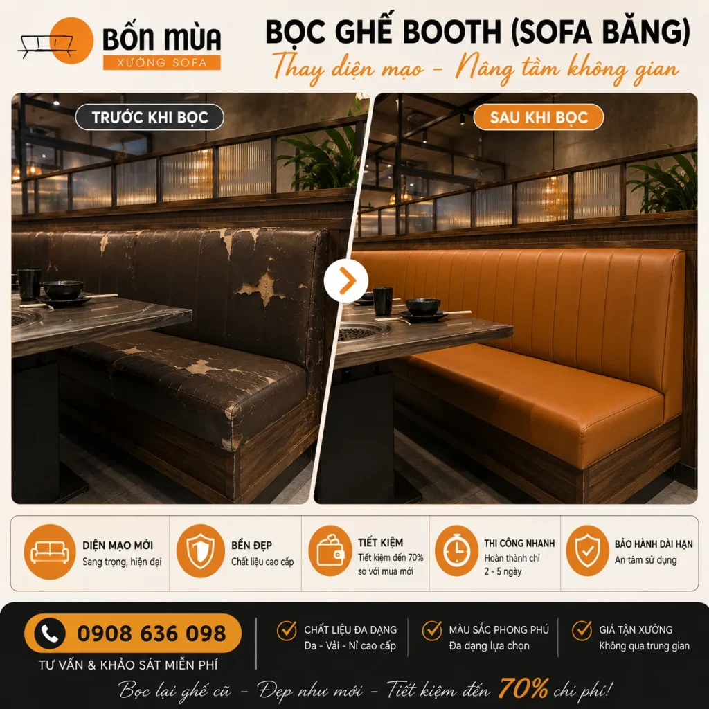 Nhận bọc lại các mẫu ghế booth giúp tăng sự êm ái và tạo điểm nhấn cho khu vực tiếp khách.