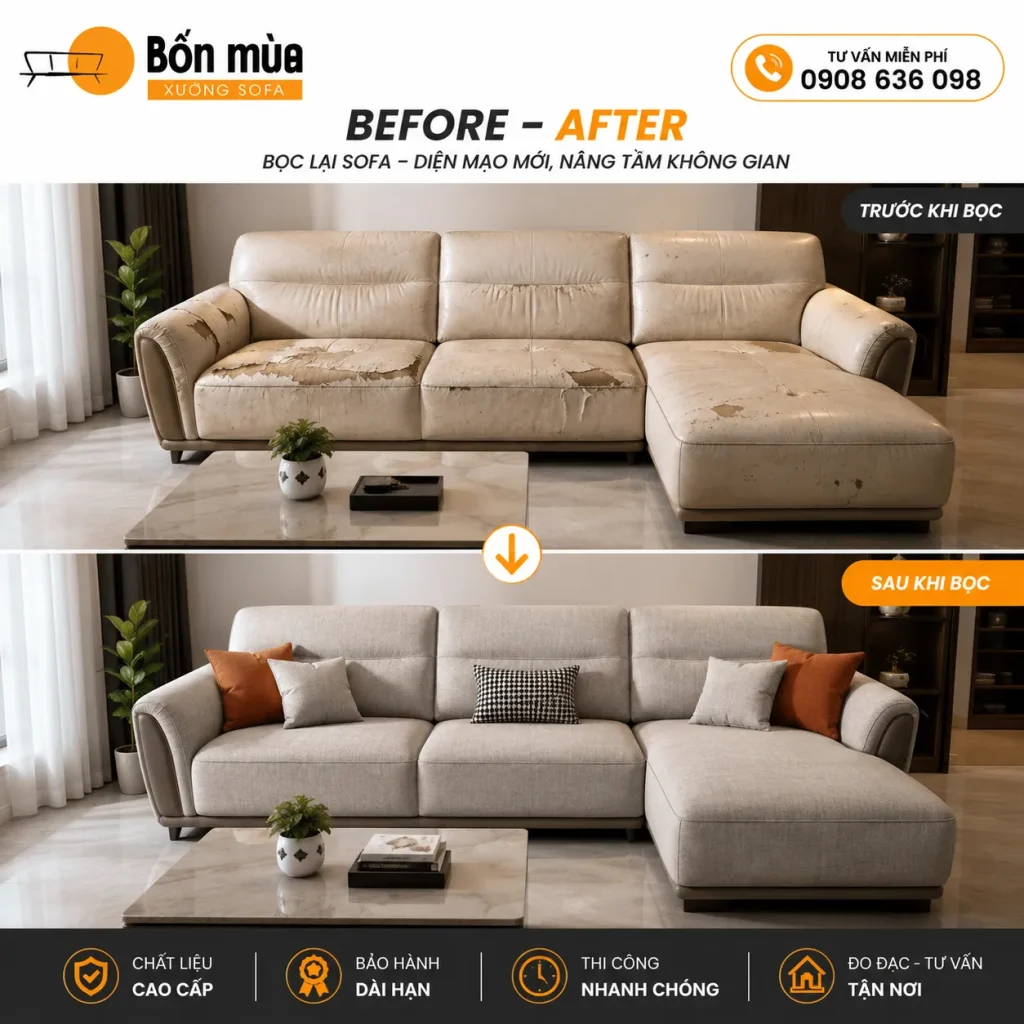 Sofa cũ được làm mới hoàn toàn sau khi bọc lại