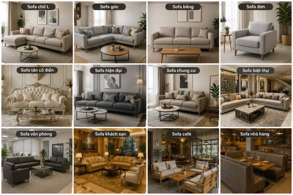 Bọc Ghế Sofa Nỉ 17 Xưởng Sofa Bốn Mùa nhận bọc nhiều kiểu dáng sofa từ gia đình đến văn phòng.