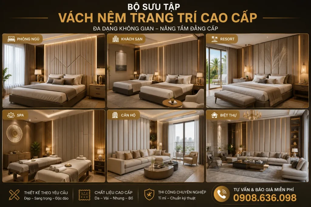 Vách Nệm Trang Trí Đẹp Theo Yêu Cầu – Thi Công Giá Tận Xưởng 6 Vách nệm trang trí được ứng dụng linh hoạt trong nhiều không gian nội thất cao cấp.