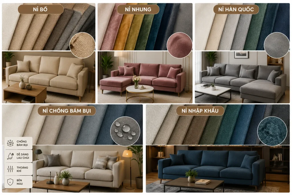 Bọc Ghế Sofa Nỉ 14 Các dòng vải nỉ phổ biến được sử dụng trong dịch vụ bọc ghế sofa nỉ.
