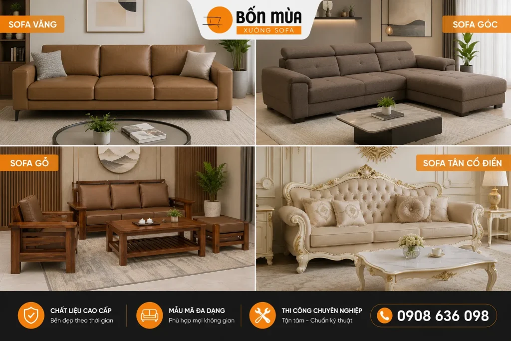 Xưởng Sofa Bốn Mùa nhận bọc nhiều kiểu sofa theo yêu cầu.