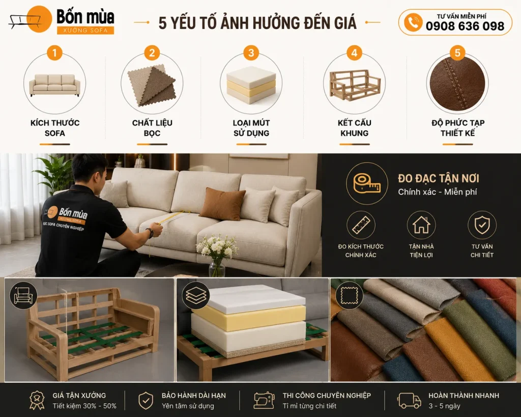 Kích thước, chất liệu và tình trạng sofa là những yếu tố quyết định chi phí bọc ghế.