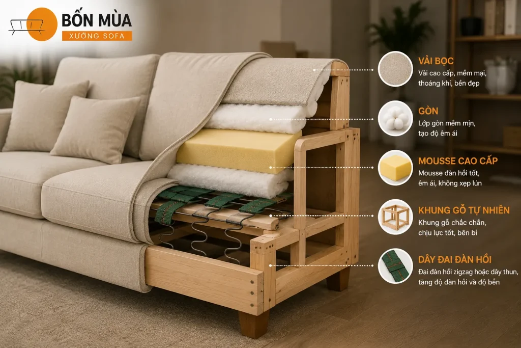 Bọc Ghế Sofa Vải 26 Cấu tạo bên trong của ghế sofa sau khi thay mousse và bọc vải mới.