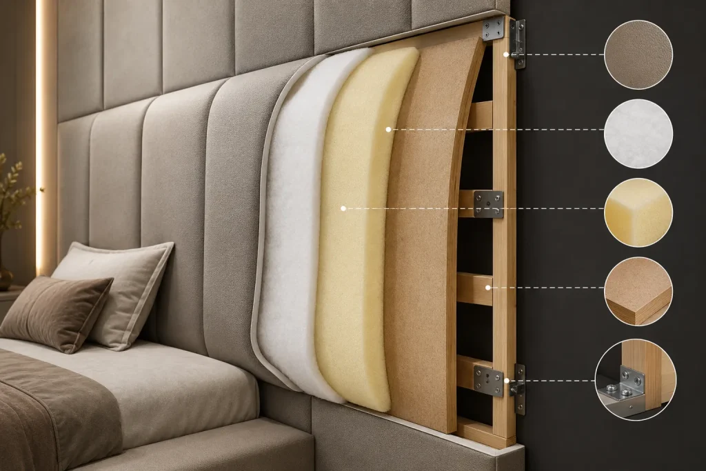 Vách Nệm Trang Trí Đẹp Theo Yêu Cầu – Thi Công Giá Tận Xưởng 3 Cấu tạo vách nệm trang trí gồm khung MDF, mousse D40, gòn và lớp da hoặc vải bọc cao cấp.
