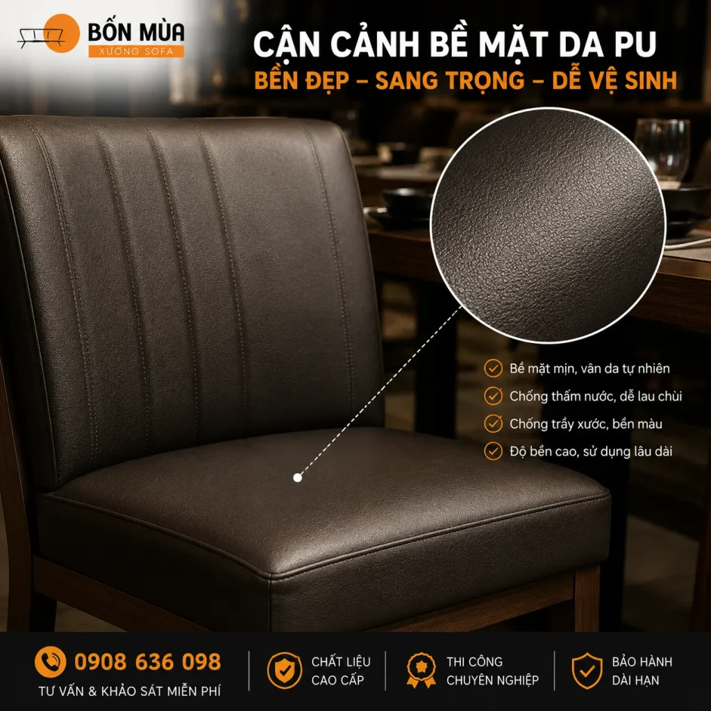 Da PU có bề mặt đẹp, dễ vệ sinh và là lựa chọn phổ biến cho nhà hàng, quán ăn.