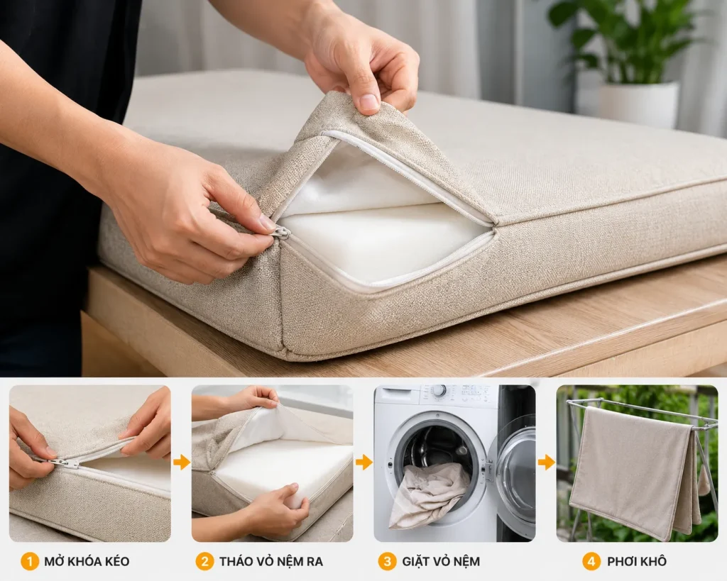 May Vỏ Bọc Nệm 23 Thiết kế khóa kéo giúp tháo giặt vỏ bọc nệm dễ dàng