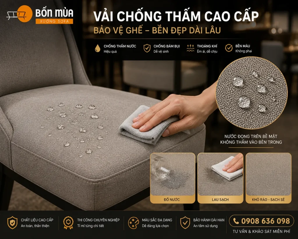 Vải chống thấm giúp hạn chế bám bẩn, dễ vệ sinh và phù hợp với môi trường ăn uống.