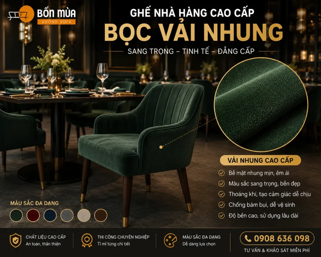 Vải nhung mang đến vẻ đẹp sang trọng, mềm mại cho không gian nhà hàng cao cấp.