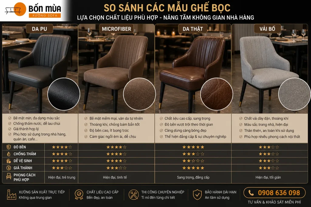 Mỗi chất liệu bọc ghế sẽ có mức giá và đặc điểm sử dụng khác nhau.
