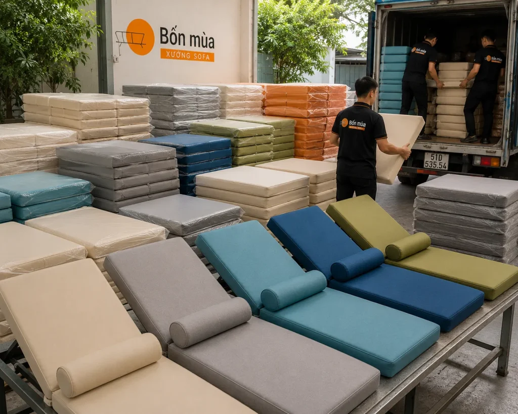 Các bộ đệm ghế hồ bơi được hoàn thiện cẩn thận trước khi bàn giao, đảm bảo đúng kích thước, màu sắc và chất lượng theo yêu cầu.