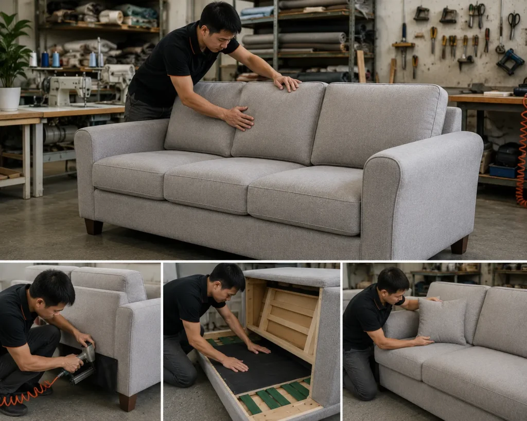 Bọc Ghế Sofa Nỉ 16 Hoàn thiện bộ ghế sofa nỉ với đường may tỉ mỉ và chất lượng cao.
