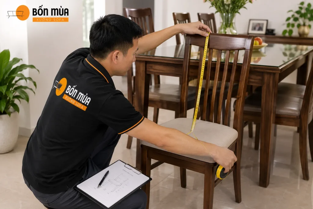 Làm đệm ghế ăn 18 Khảo sát và đo kích thước thực tế trước khi làm đệm ghế ăn.