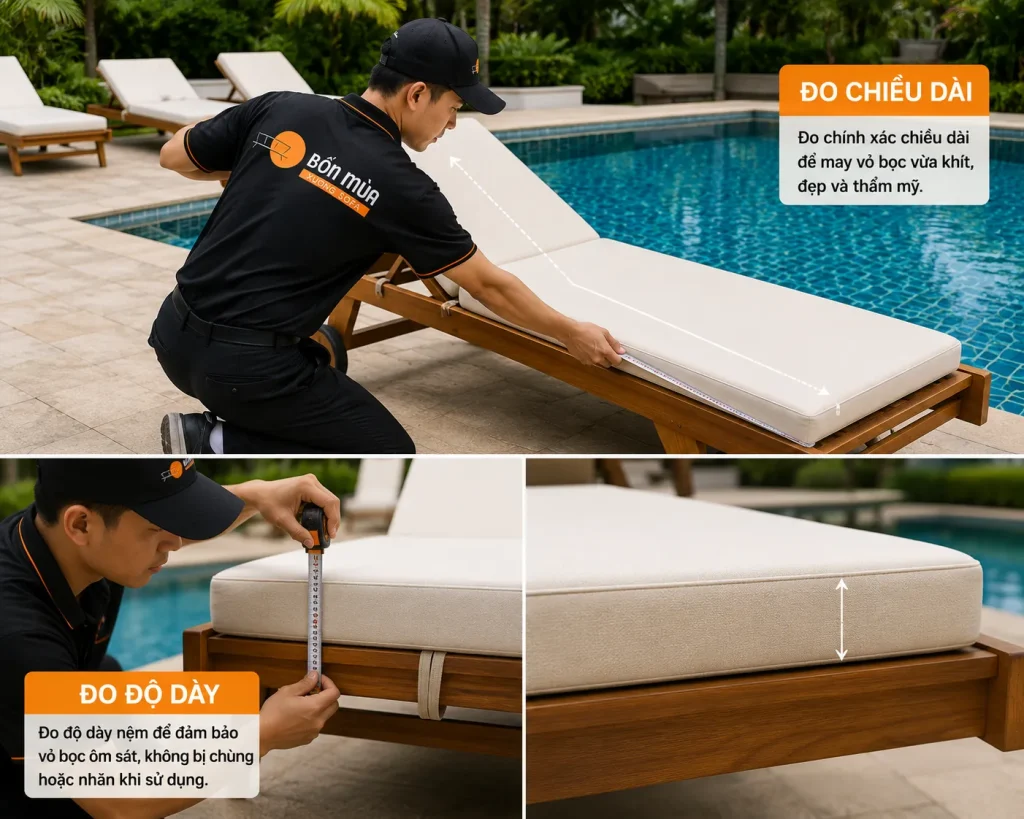 Từng bộ đệm ghế hồ bơi được đo đạc thực tế nhằm đảm bảo vừa khít với khung ghế và tăng tính thẩm mỹ khi hoàn thiện.