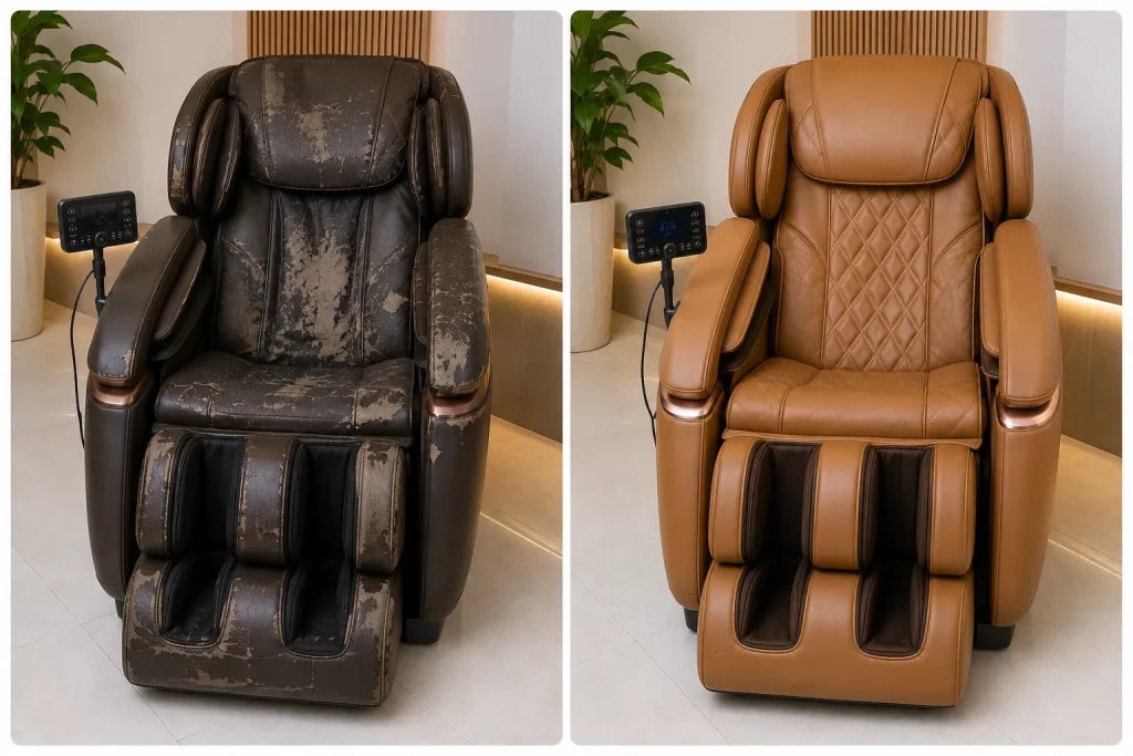 Hình ảnh trước và sau khi bọc lại ghế massage chuyên nghiệp