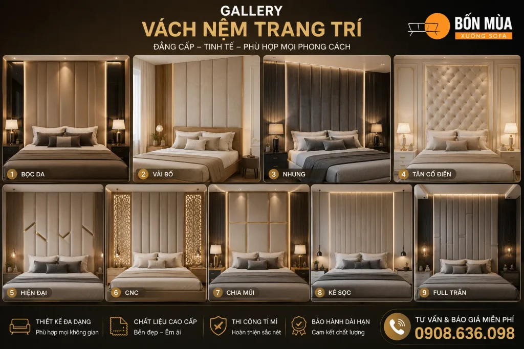 Vách Nệm Trang Trí Đẹp Theo Yêu Cầu – Thi Công Giá Tận Xưởng 5 Các mẫu vách nệm trang trí đẹp được Xưởng Sofa Bốn Mùa thiết kế và thi công theo yêu cầu.