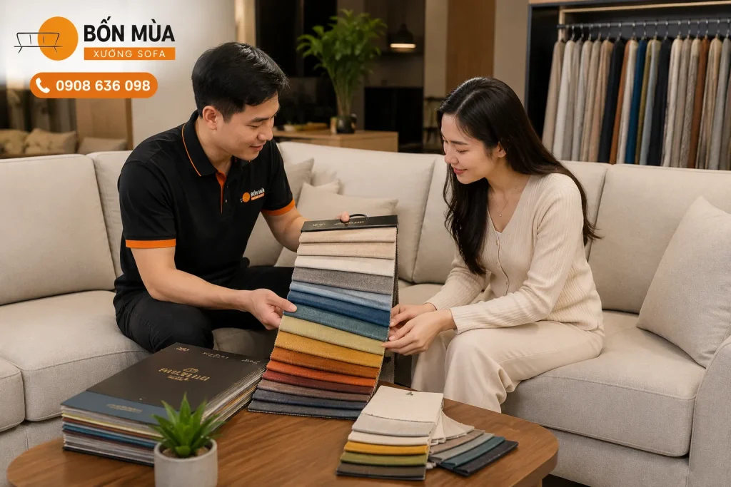 Bọc Ghế Sofa Vải 23 Khách hàng lựa chọn màu sắc và chất liệu vải phù hợp với nội thất.