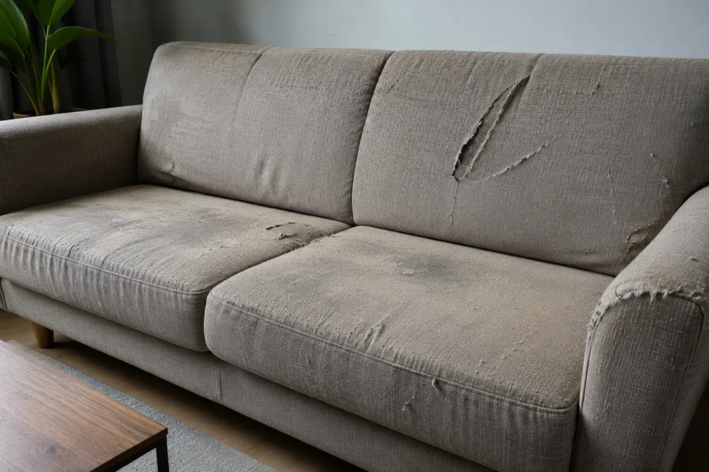 Bọc Ghế Sofa Nỉ 10 Ghế sofa nỉ xuống cấp với tình trạng rách, bạc màu và xù lông cần được bọc lại.