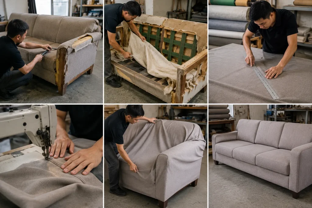 Bọc Ghế Sofa Nỉ 15 Đội ngũ kỹ thuật kiểm tra, tháo lớp vải cũ và may bọc sofa theo kích thước thực tế.