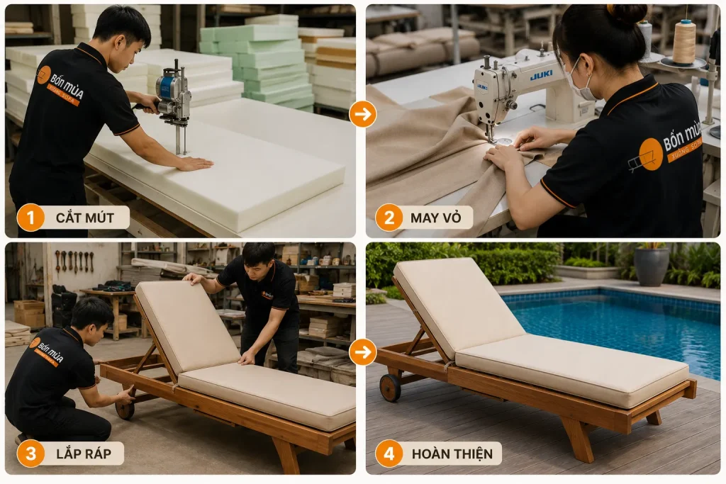 Quy trình làm đệm ghế hồ bơi được thực hiện khép kín từ đo đạc, cắt mút, may vỏ đến kiểm tra chất lượng trước khi bàn giao.