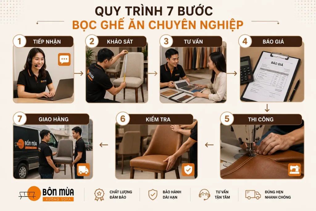 Bọc Lại Ghế Ăn 26 Quy trình bọc lại ghế ăn chuyên nghiệp gồm 7 bước tại Xưởng Sofa Bốn Mùa.
