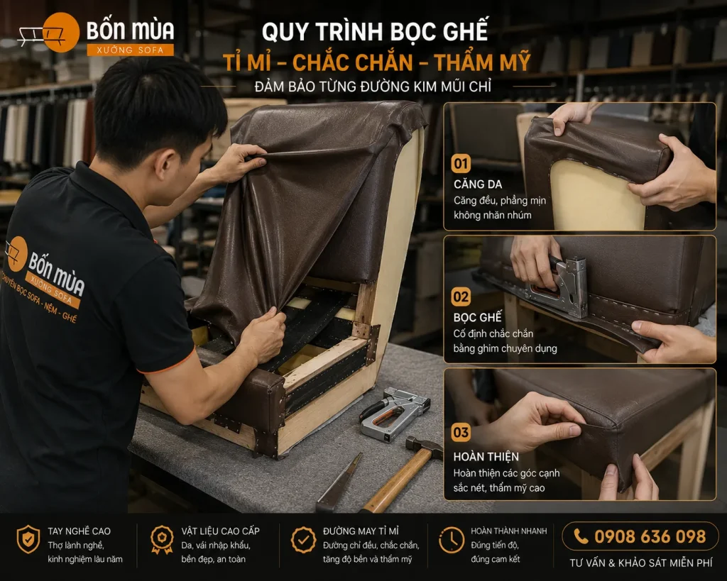 Quá trình bọc ghế được thực hiện cẩn thận để đảm bảo tính thẩm mỹ và độ bền.
