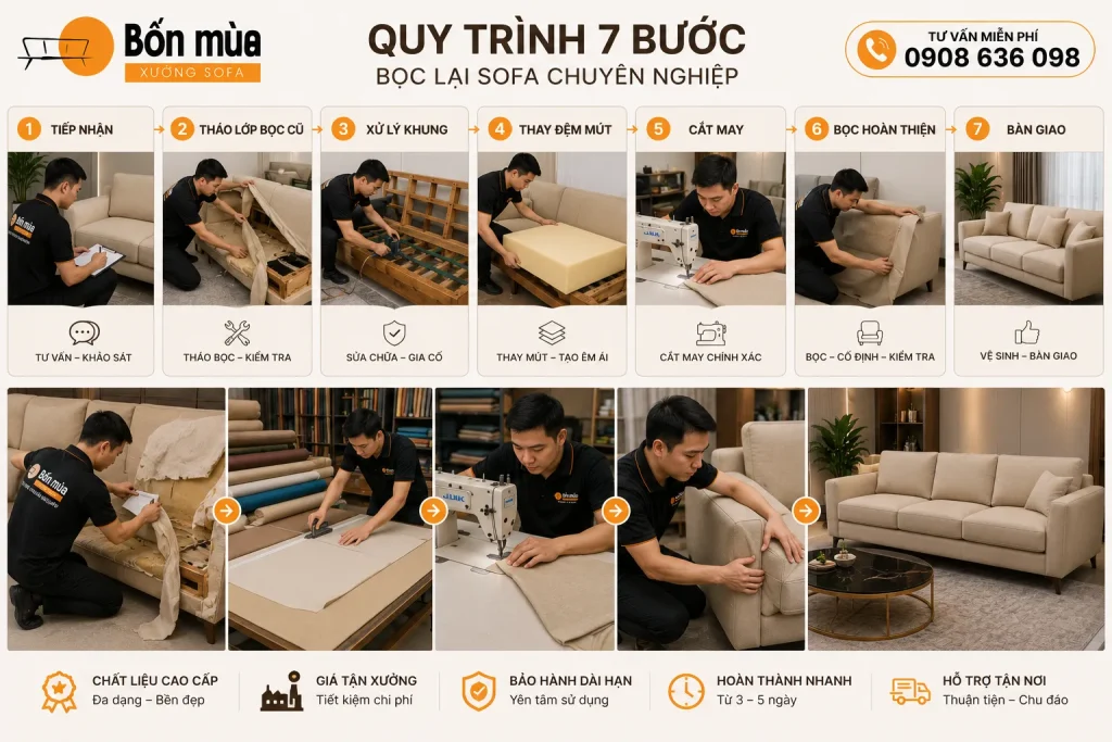 Quy trình bọc ghế sofa chuyên nghiệp giúp đảm bảo chất lượng và tính thẩm mỹ.