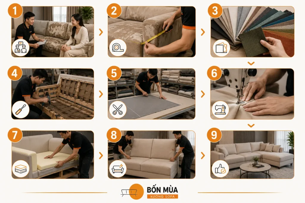 Bọc Ghế Sofa Vải 24 Quy trình bọc ghế sofa vải chuyên nghiệp tại Xưởng Sofa Bốn Mùa.