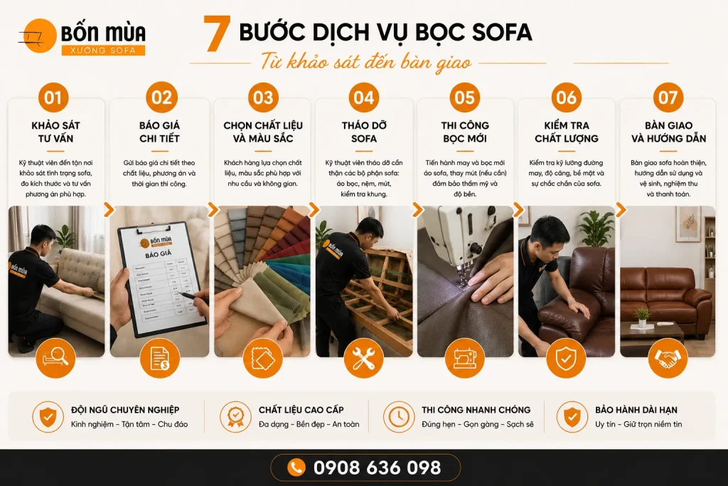 Quy trình bọc sofa tại nhà chuyên nghiệp tại Xưởng Sofa Bốn Mùa.