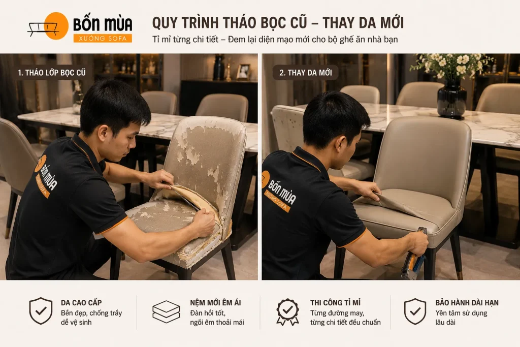 Bọc Lại Ghế Ăn 17 Quy trình thay da, thay mousse và hoàn thiện ghế ăn tại Xưởng Sofa Bốn Mùa.