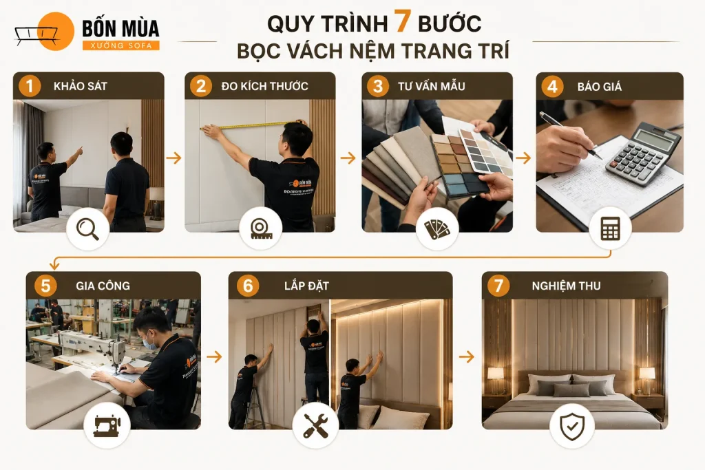 Vách Nệm Trang Trí Đẹp Theo Yêu Cầu – Thi Công Giá Tận Xưởng 8 Quy trình thi công vách nệm trang trí chuyên nghiệp tại Xưởng Sofa Bốn Mùa.