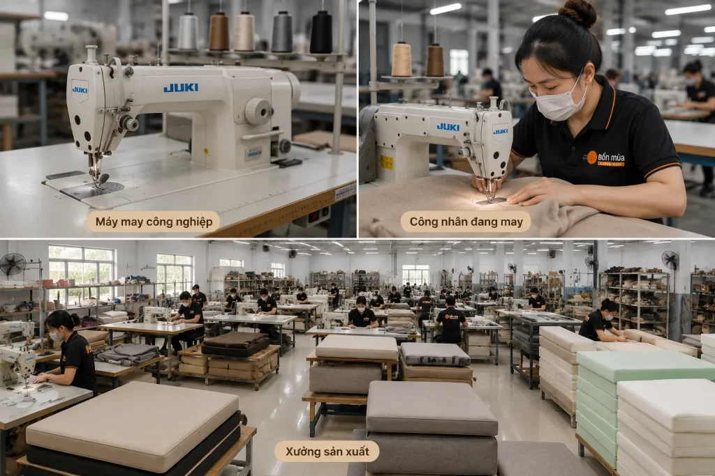 Sản xuất trực tiếp tại xưởng giúp kiểm soát chất lượng, rút ngắn thời gian thi công và tối ưu chi phí khi làm đệm ghế hồ bơi.
