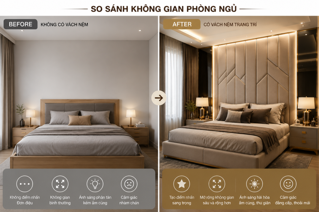 Vách Nệm Trang Trí Đẹp Theo Yêu Cầu – Thi Công Giá Tận Xưởng 4 Vách nệm trang trí giúp phòng ngủ trở nên sang trọng, ấm cúng và tạo điểm nhấn nổi bật so với bức tường thông thường.