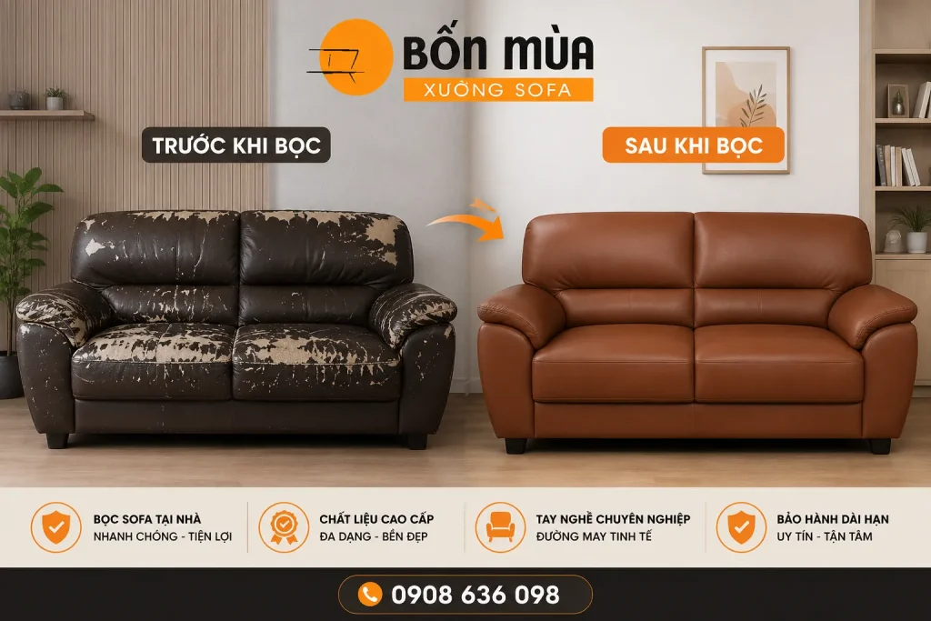 So sánh bộ sofa trước và sau khi bọc, mang lại diện mạo đẹp như mới.