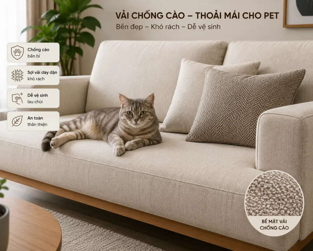 Bọc Ghế Sofa Vải 32 Vải chống xước giúp hạn chế hư hỏng khi nuôi chó mèo.