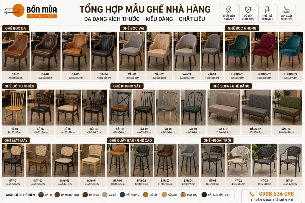 Chi phí bọc ghế nhà hàng phụ thuộc vào nhiều yếu tố như chất liệu, kiểu dáng, kích thước và số lượng ghế.