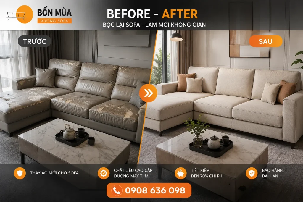 Bọc Ghế Sofa Vải 19 Hình ảnh trước và sau khi bọc ghế sofa vải tại Xưởng Sofa Bốn Mùa.