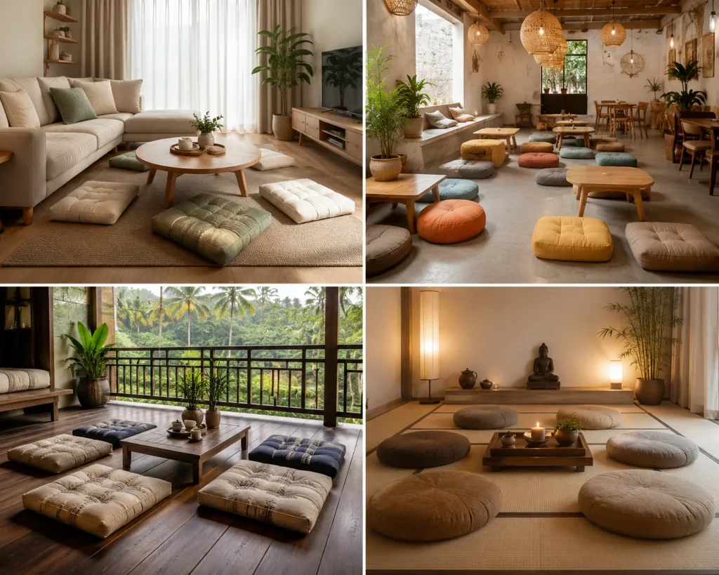 Đệm ngồi bệt được ứng dụng tại gia đình, quán café, homestay, nhà hàng và resort.