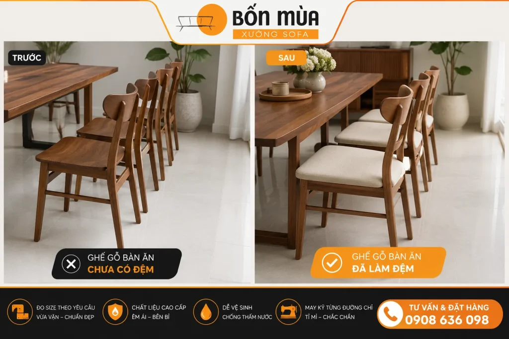 Làm đệm ghế ăn 12 So sánh trước và sau khi làm đệm ghế ăn cho bộ bàn ghế gỗ.
