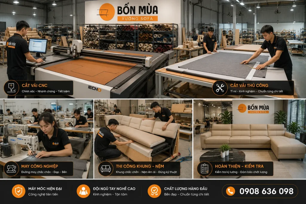 Xưởng Sofa Bốn Mùa trực tiếp sản xuất và thi công, không qua trung gian.